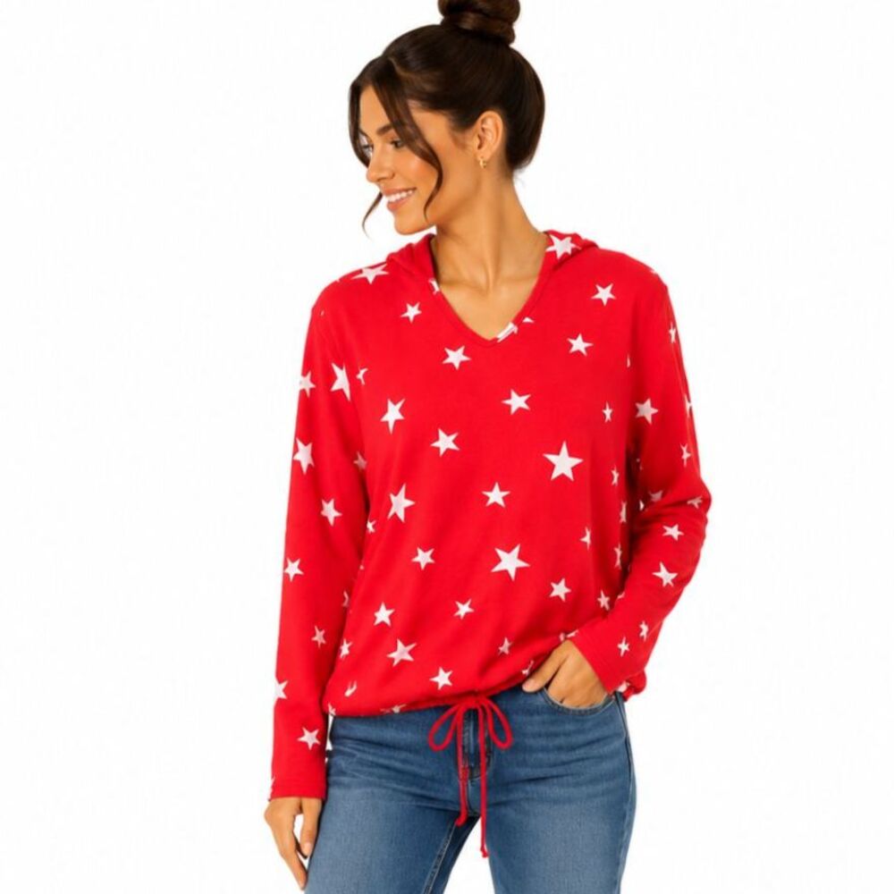 Quacker Factory Americana French Terry Knit Star Bright Hoodie RED Sz M